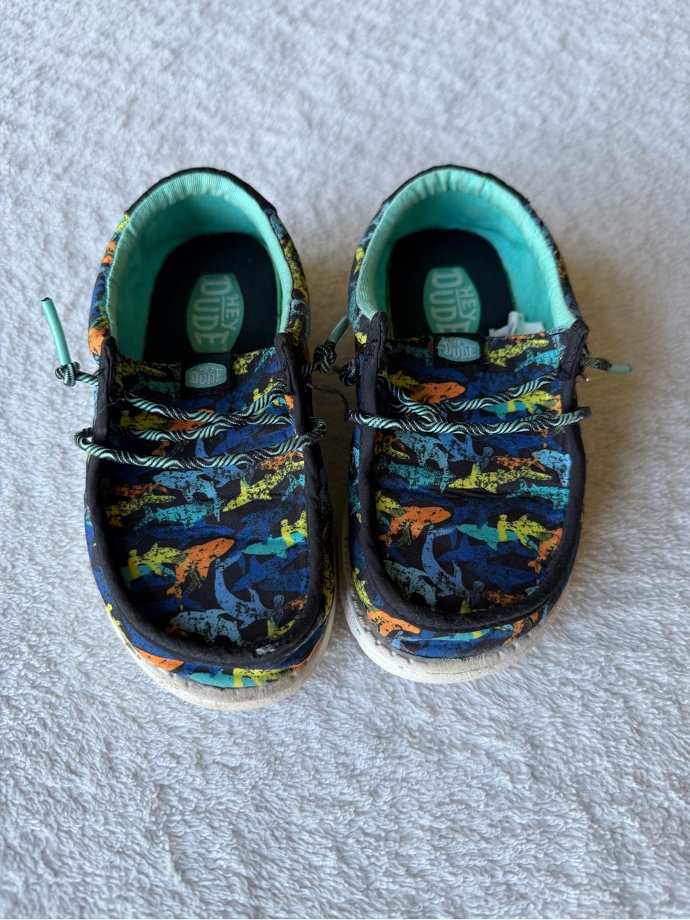 Hey Dude Kids Navy Shark Pattern Slip-On Sneakers with Teal Lining